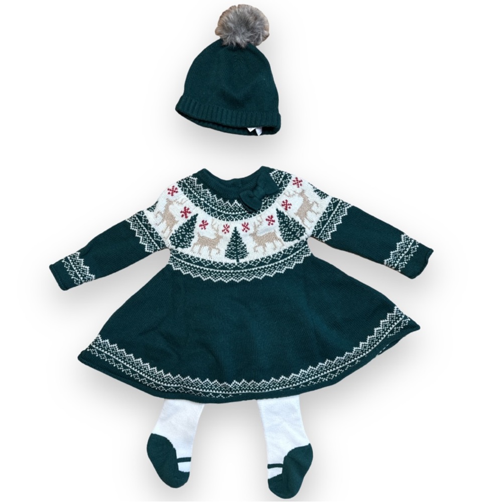 Tahari 0-3 months Green Knitted Dress with cap and tights